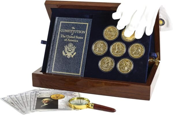 The Franklin Mint Founding Fathers Coin Collection 7 Piece 24 Karat Gold Plated Collectible Coins with Wood and Metal Storage Box United States of America Leaders Complete Set.jpg