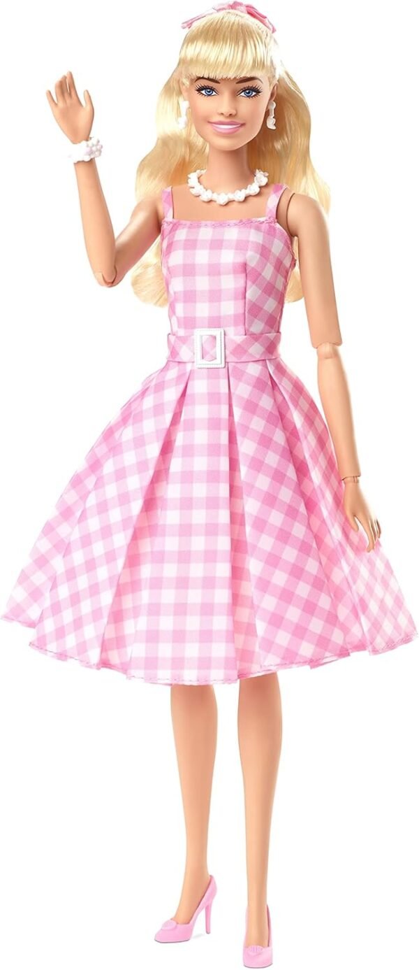 1742624652 Barbie The Movie Doll Margot Robbie as Collectible Doll Wearing Pink White Gingham Dress with Daisy Chain Necklace.jpg