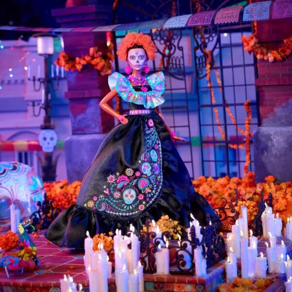 Barbie Signature Doll 2024 Dia De Muertos Collectible in Black Dress with Blue Ruffle Top Embroidered Print and Colorful Accessories.jpg
