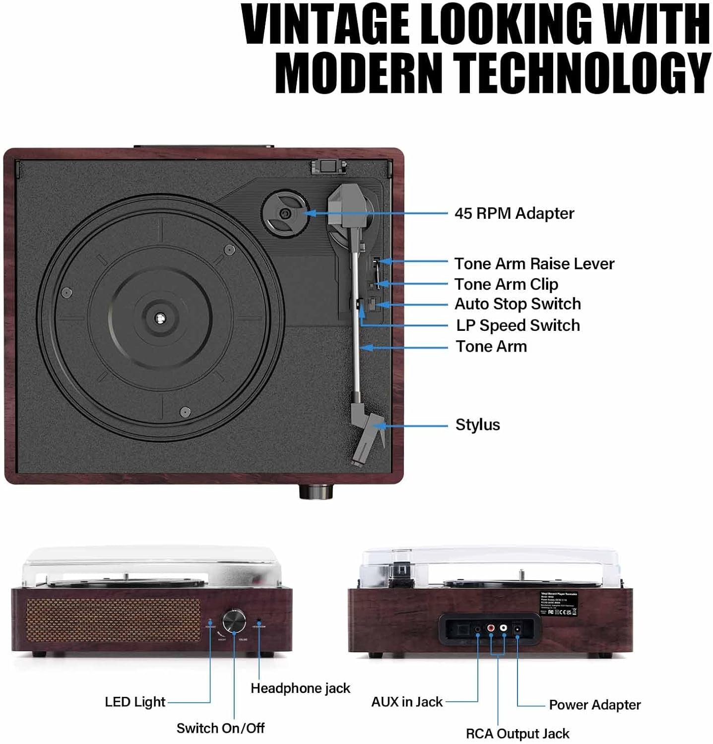 Bluetooth Vinyl Record Player3 Speed Turntable with Stereo Speakers Vintage Phonograph Record Player with RCA Line Out AUX in Headphone Jack Brown.jpg