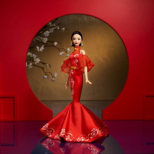 Barbie Lunar New Year Doll Wearing Qipao Dress with Plum Blossom Prints Golden Accessories Signature Collection.jpg
