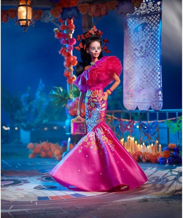 Barbie Signature Fashion Doll 2023 Dia de Muertos Collectible Wearing Ruffled Pink Gown Holding Tiny Ofrenda Includes Doll Stand.jpg