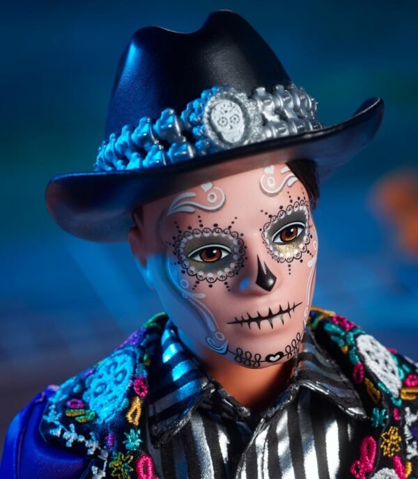 Barbie Signature Ken Fashion Doll 2023 Dia de Muertos Collectible with Blue Jacket Black Hat Doll Stand.jpg
