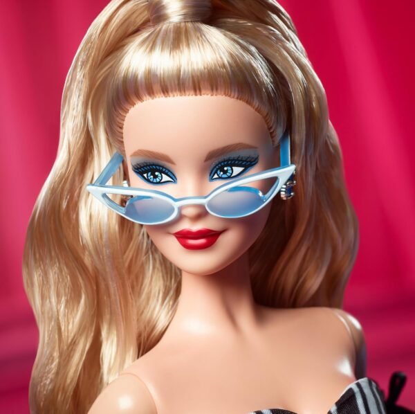1746973454 Barbie Signature Doll 65th Anniversary Collectible with Blonde Hair Black White Gown Sapphire Gem Earrings Sunglasses.jpg