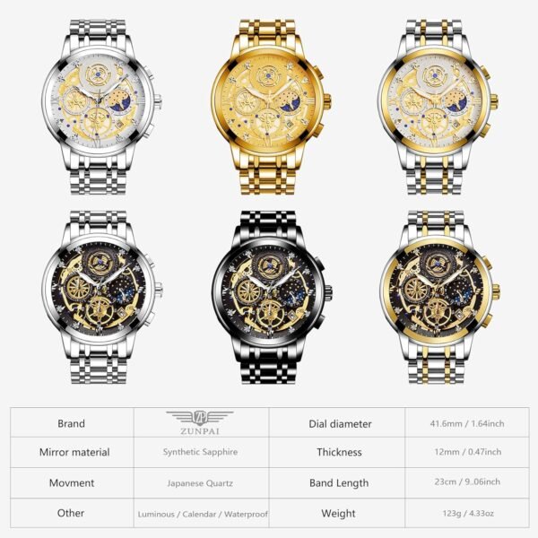 Moon Phase Watch for Men Multifunction Chronograph Dial Analog Quartz Wristwatch Luxury Diamond Business Dress Watch with Luminous Waterproof Calendar Stainless Steel Strap.jpg