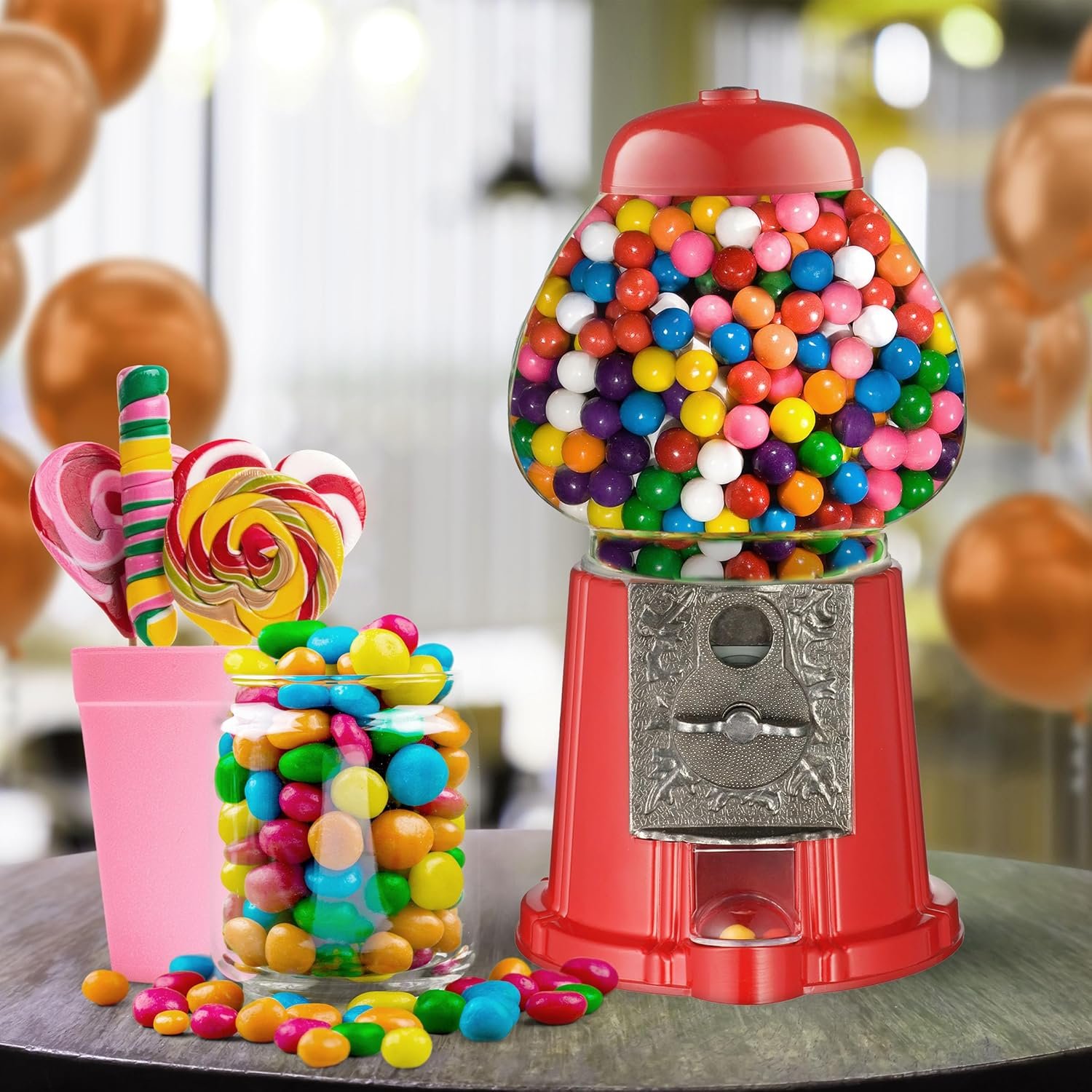 Vintage Gumball Machine 11 Inch Retro Style Coin Operated Cast Metal Vending Machine with Glass Globe and Free Spin by Great Northern Popcorn Red.jpg