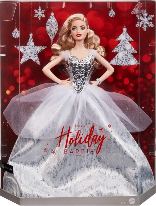 1748892256 Barbie Signature 2021 Holiday Doll 12 inch Blonde Wavy Hair in Silver Gown with Doll Stand and Certificate of Authenticity Gift for 6 Year Olds and Up.jpg