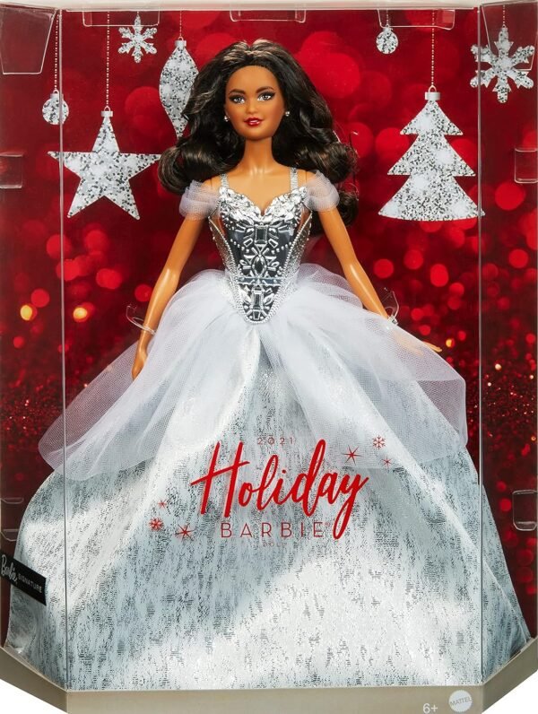 1749039857 Barbie Signature 2021 Holiday Doll 12 inch Brunette Hair in Silver Gown with Doll Stand and Certificate of Authenticity Gift for 6 Year Olds and Up.jpg