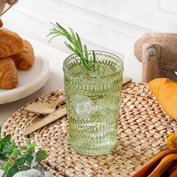 1749414253 Vintage Textured Sage Green Striped Drinking Glasses Set of 6 Ribbed Flower Design 13 oz Cocktail Water Tumblers Glassware Set.jpg