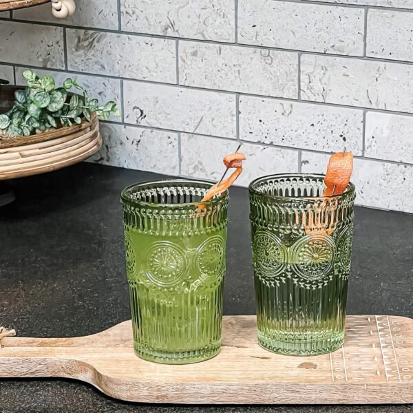 1749414255 Vintage Textured Sage Green Striped Drinking Glasses Set of 6 Ribbed Flower Design 13 oz Cocktail Water Tumblers Glassware Set.jpg