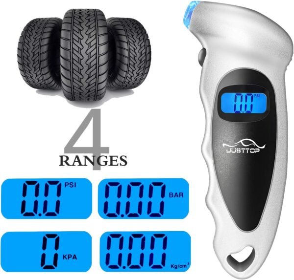 1749821054 JUSTTOP 3 Pack Digital Tire Pressure Gauge 150PSI 4 Setting for Cars Trucks and Bicycles Backlit LCD and Anti Skid Grip for Easy and Accurate ReadingSilver.jpg