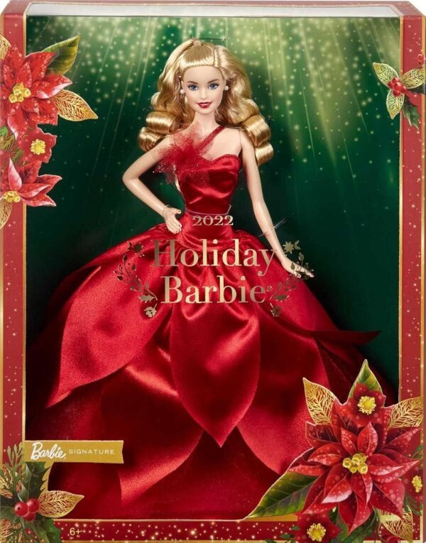 1750224253 Barbie Signature 2022 Holiday Doll Blonde Wavy Hair Wearing Red Poinsettia Inspired Gown Collectible with Doll Stand Certificate of Authenticity.jpg