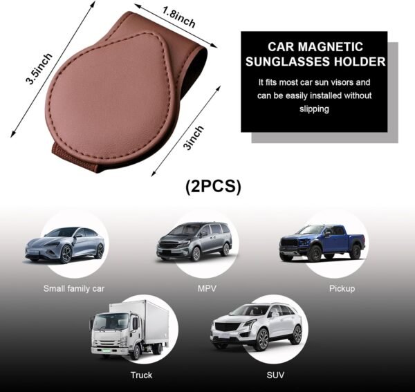 2 PCS Sunglasses Holder for Car Visor Magnetic Leather Auto Eyeglass Hanger Clip Visor Ticket Card Clip Eyeglasses Mount Universal Interior Visor Car Accessories Gadgets Brown.jpg