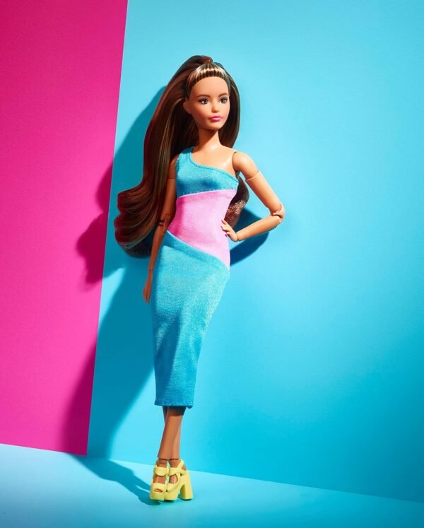 Barbie Looks Fashion Doll with Brown Hair Wearing One Shoulder Pink Blue Midi Dress Collectible with Posable Made to Move Body.jpg