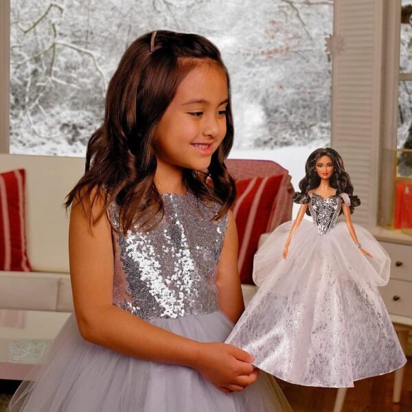 Barbie Signature 2021 Holiday Doll 12 inch Brunette Hair in Silver Gown with Doll Stand and Certificate of Authenticity Gift for 6 Year Olds and Up.jpg