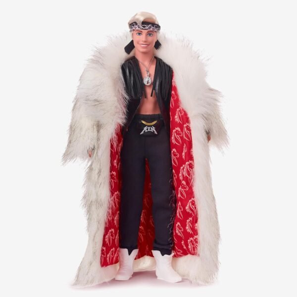 Barbie The Movie Collectible Ken Doll Wearing Big Faux Fur Coat and Black Fringe Vest with Bandana.jpg