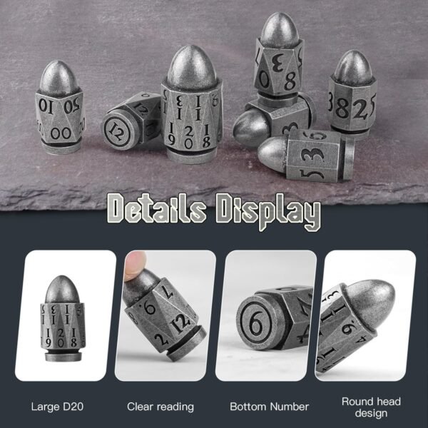 Bullet Dice Set 36MM Large D20 for Dungeons and Dragons 7PC Role Playing Game Dice With Cyberpunk Theme for Warhammer War Crime Antique Silver.jpg