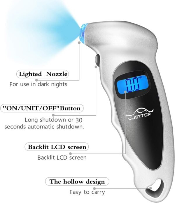 JUSTTOP 3 Pack Digital Tire Pressure Gauge 150PSI 4 Setting for Cars Trucks and Bicycles Backlit LCD and Anti Skid Grip for Easy and Accurate ReadingSilver.jpg
