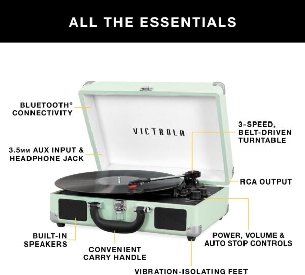 Victrola Journey Bluetooth Portable Suitcase Record Player – with Built in Speakers 3 Speed Vinyl Record Player RCA Out Headphone Jack Green Olive.jpg
