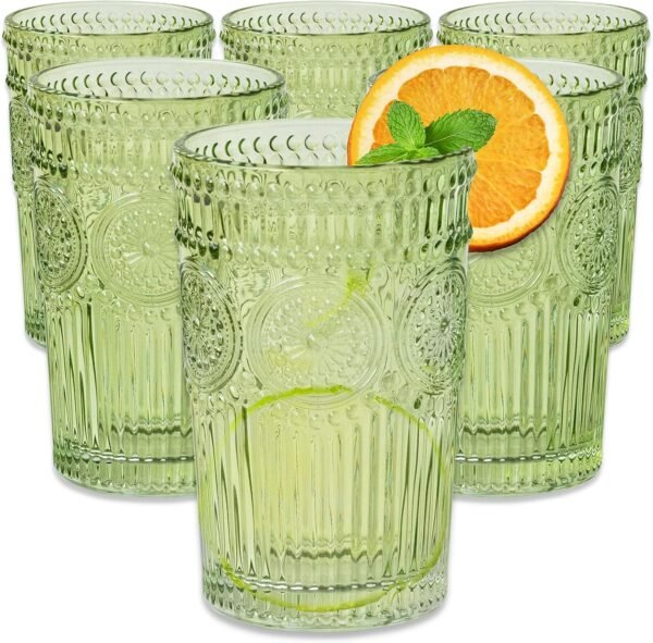 Vintage Textured Sage Green Striped Drinking Glasses Set of 6.jpg
