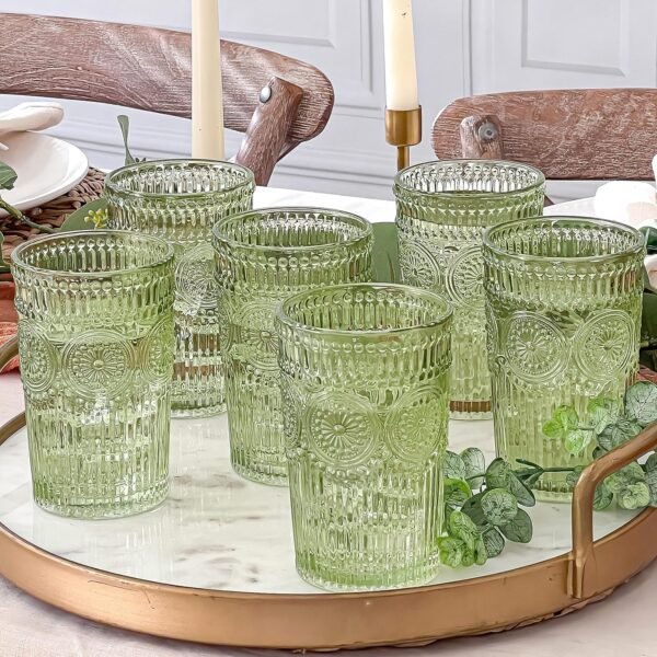 Vintage Textured Sage Green Striped Drinking Glasses Set of 6 Ribbed Flower Design 13 oz Cocktail Water Tumblers Glassware Set.jpg