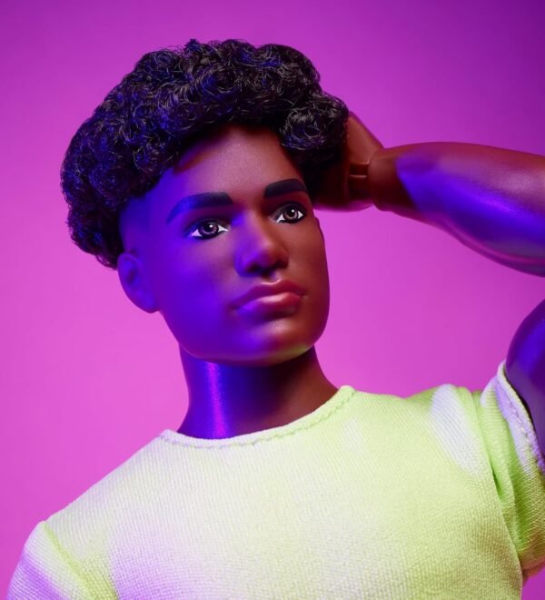 1752441852 Barbie Looks Ken Doll Collectible No. 25 with Curly Black Hair Modern Y2K Fashion Chartreuse Tee Pastel Trousers with Silver Boots.jpg