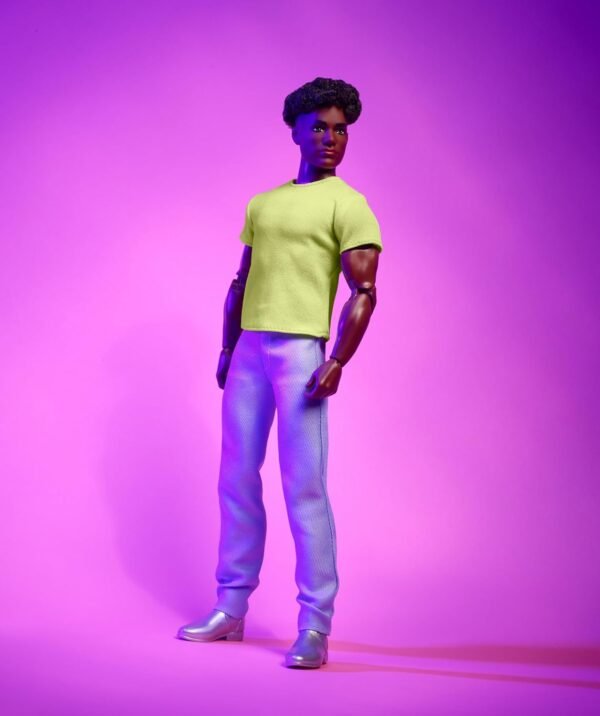 Barbie Looks Ken Doll Collectible No. 25 with Curly Black Hair Modern Y2K Fashion Chartreuse Tee Pastel Trousers with Silver Boots.jpg