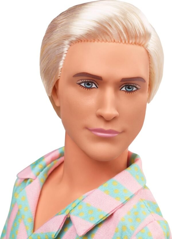 Barbie The Movie Ken Doll Wearing Pastel Pink and Green Striped Beach Matching Set with Surfboard and White Sneakers.jpg