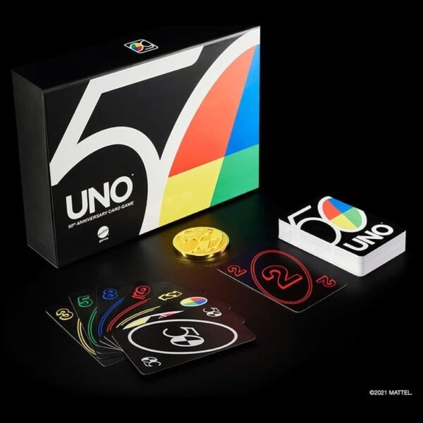 Mattel Games UNO Premium 50th Anniversary Edition Matching Card Game Featuring Commemorative Coin 112 Cards Game Night Kids Collectors Gift Ages 7 Years Older.jpg