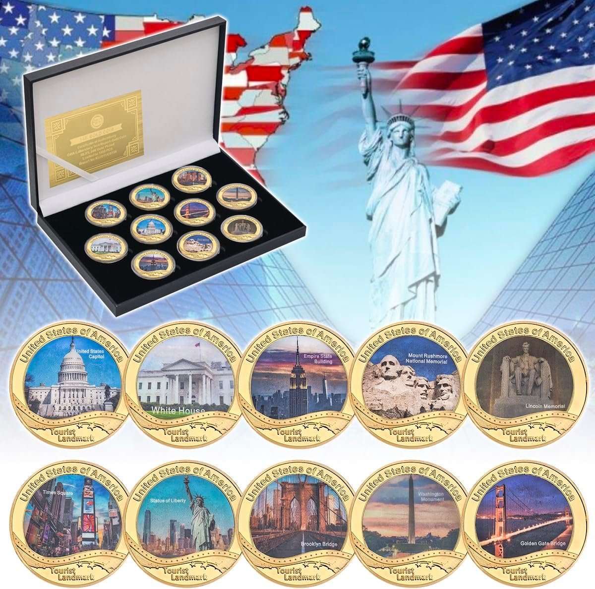 10Pcs America Tourist Landmark Coin with Coin Holder Collectables Coin.jpg