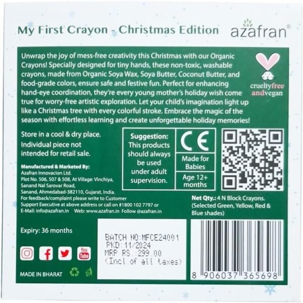 Azafran My First Crayon Christmas Edition 4 Jumbo Block Crayons Organic Washable Non Toxic Easy Grip for Tiny Hands.jpg