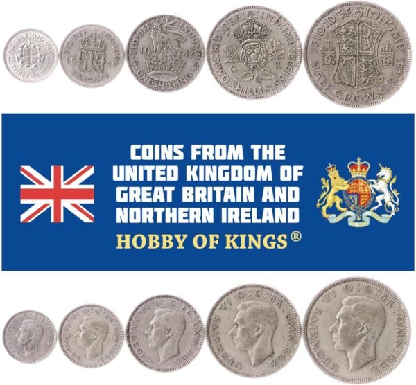 5 Coins from United Kingdom British Coin Set Collection 3 6 Pence 1 2 Shillings Half Crown Circulated 1937 1946 George VI Tudor Rose.jpg